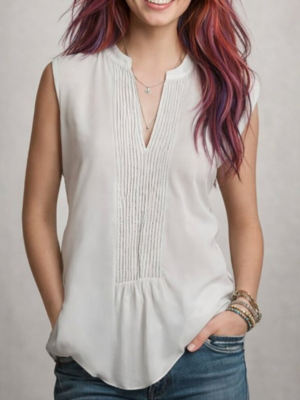 Cache White Cotton Pintuck Sleeveless Babydoll Tunic Blouse Top Size L